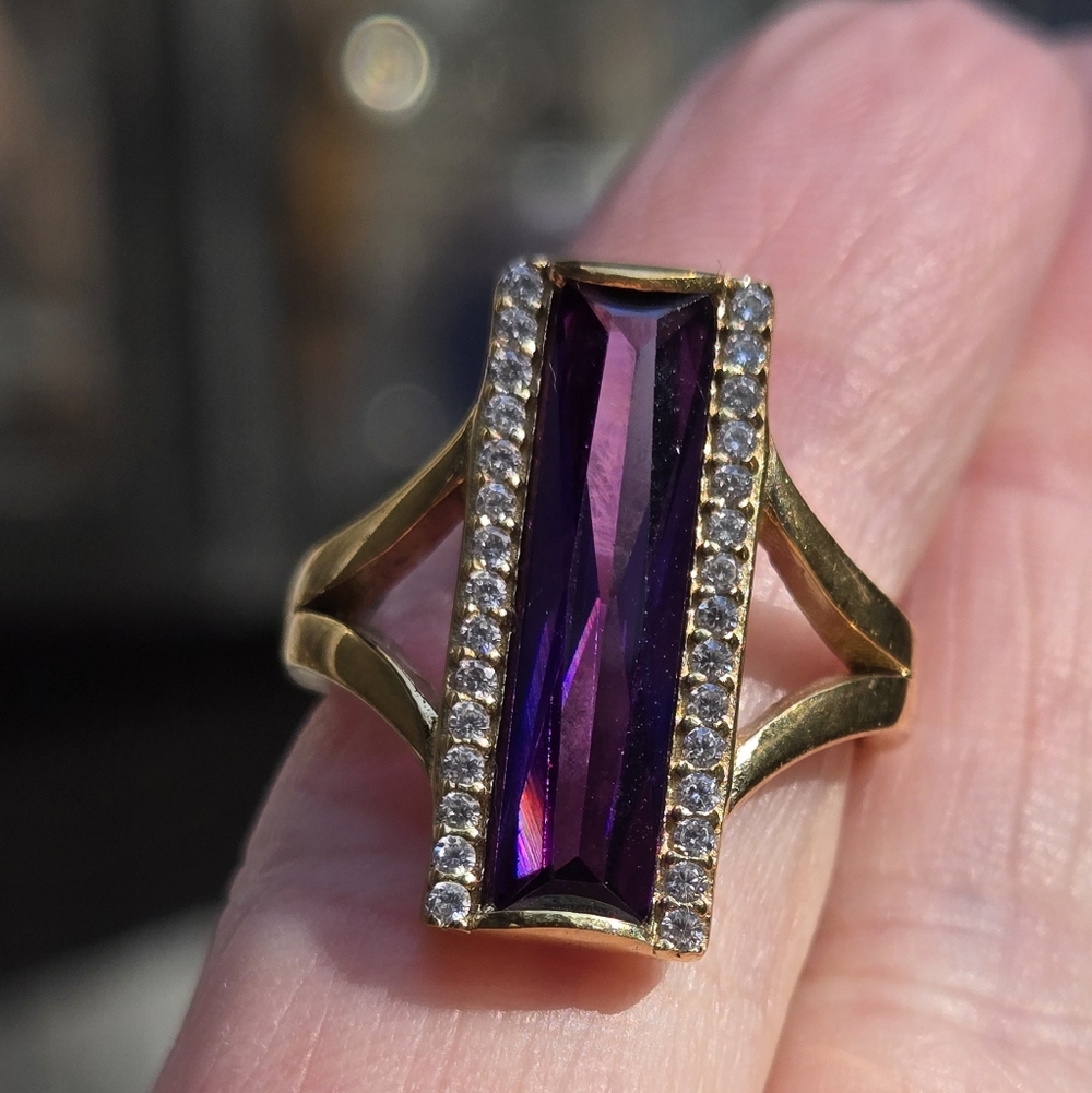Amethyst Baguette 8k & Topaz Sterling & Gold ring Sz8 - Picture 7 of 11